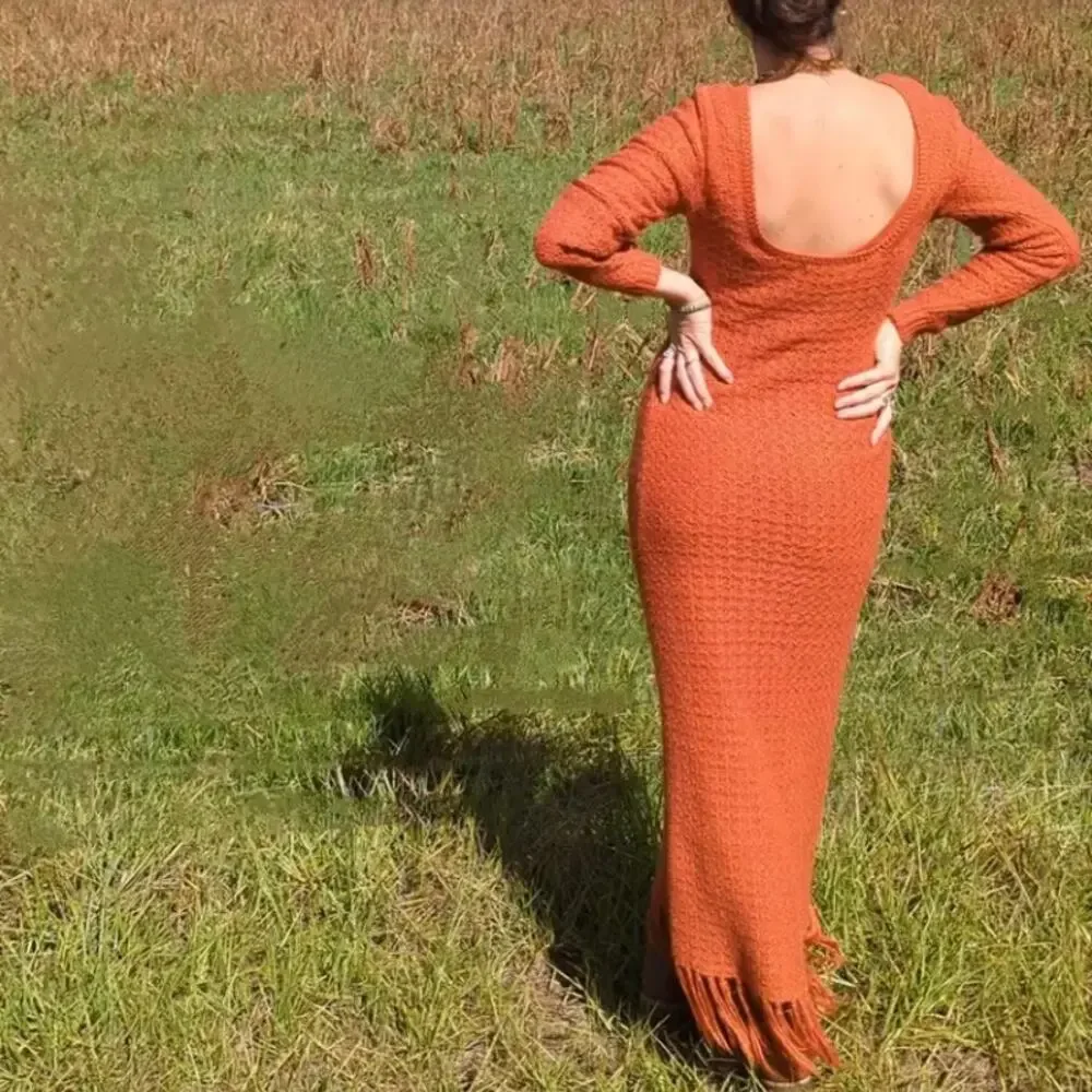 Pamela Love Clay Brown Crochet Maxi Dress LARGE Sweater Fringe Designer $395 - Picture 4 of 13